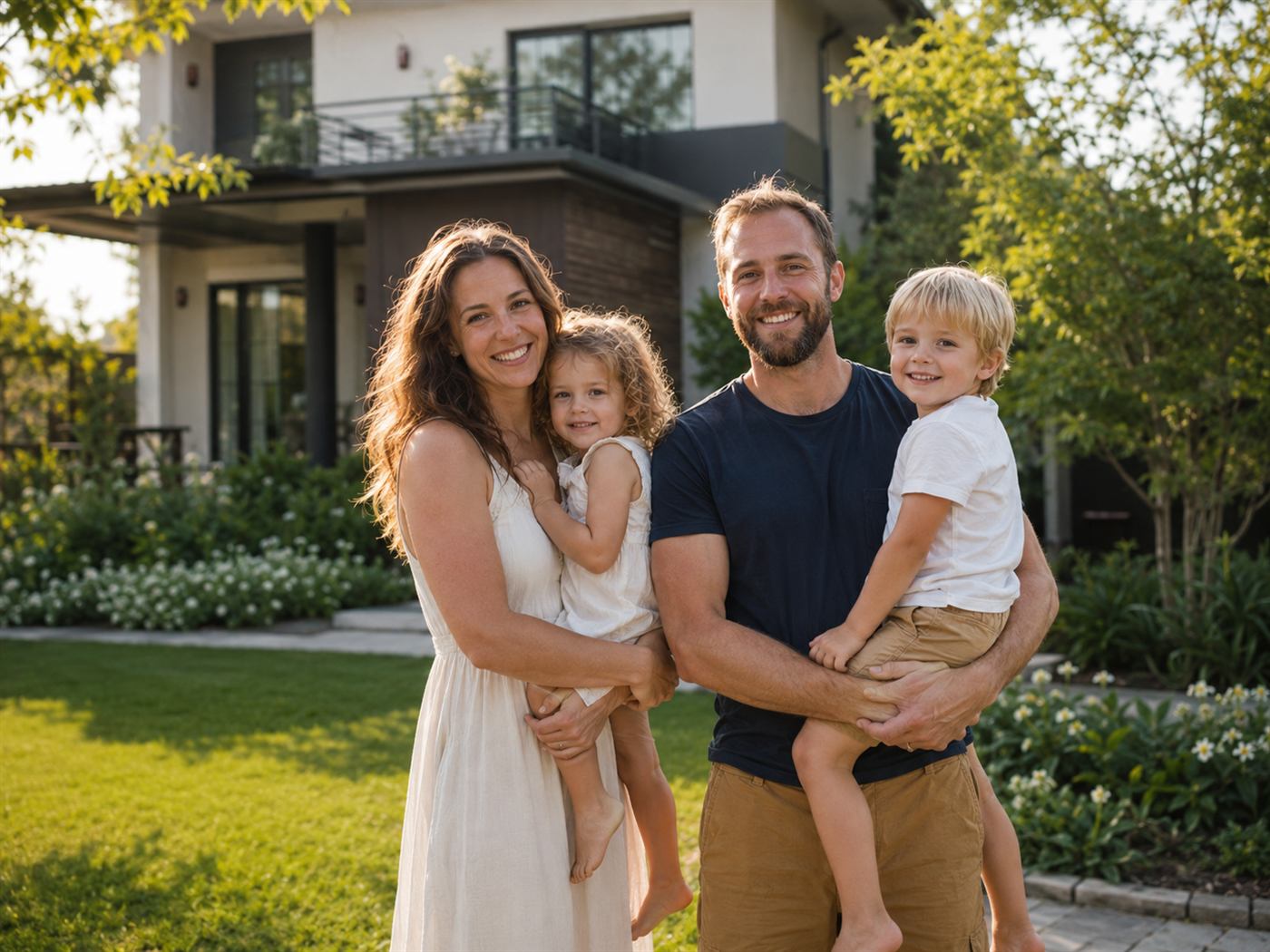 Symbolbild: Familie vor einem Einfamilienhaus (KI-generiert)
